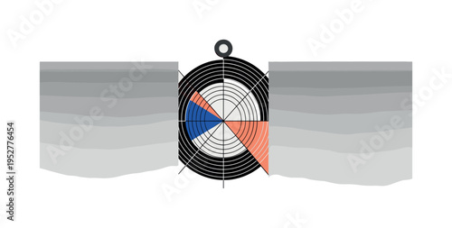 Black and white price tag hanging from shelf edge, concentric circles and thin grid lines structuring the composition like a retail system, vivid ultramarine