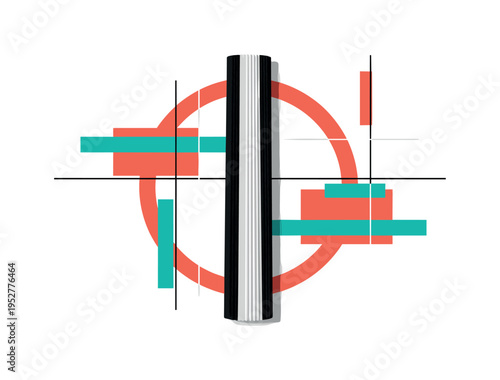 black and white pleated fabric suspended vertically, framed by bright coral circular form and teal geometric bars, thin intersecting lines and flat abstract