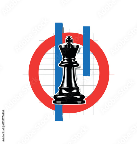 Black and white chess rook enlarged dramatically with bold red circular ring emphasizing power, blue vertical rectangular accent adding structural balance,