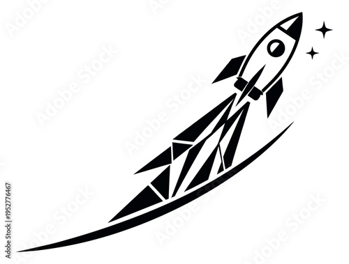 Minimalist graphic illustration of a rocket depicting a rapid ascent with stars for concepts of innovation and progress