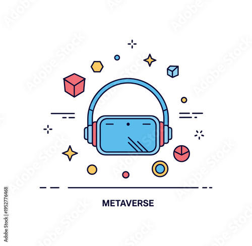 Metaverse inspired abstract emblem combining a simple headset silhouette with floating geometric particles around it. The composition reflects immersive
