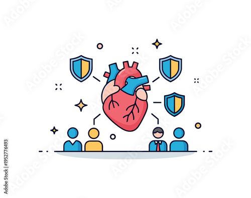 Community resilience during health crisis concept centered on a heart icon surrounded by small protective shield accents and people silhouettes, representing
