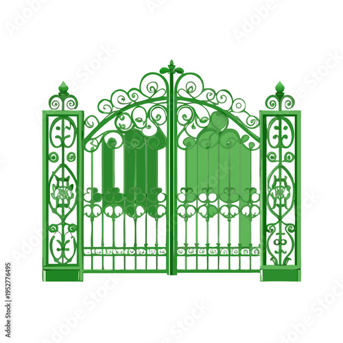 Symmetrical green iron gate with ornate scrollwork and leaf finials shown as a detailed silhouette for garden or park entrance design concept.