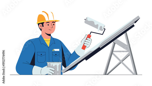 Craftsman Painting a Solar Panel: A skilled craftsman in safety attire uses a paint roller to apply a fresh coat to a solar panel.