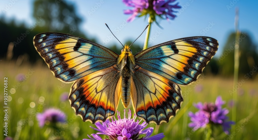 Fototapeta premium A butterfly with intricate colorful wings rests on a vibrant purple flower in a sunlit meadow with a soft green background