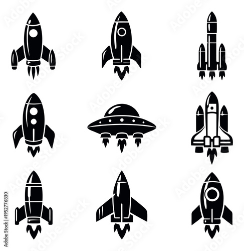 Stylized space vehicle icon set featuring rockets, spaceships, and a flying saucer for space exploration and innovation