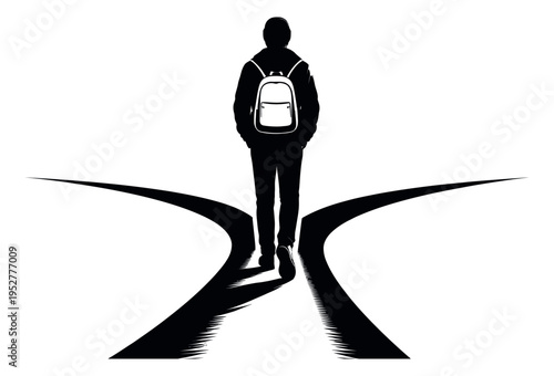 Graphic illustration of a person at a diverging path depicting a life decision for career or educational choices