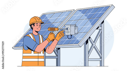 Solar Panel Technician at Work: An engineer, clad in work gear, meticulously installs a solar panel, embodying the energy of sustainable innovation. 