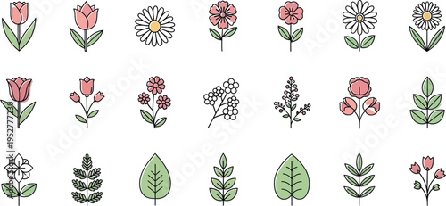 A beautiful collection of delicate outline botanical icons showcasing various minimalist flowers and leafy greens, perfect for spring designs and nature-themed digital projects.