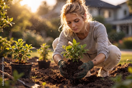 Young Woman Gardening Outdoors at Sunset, Planting Shrubs in Backyard Garden