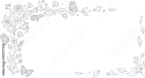 Elegant hand-drawn outline of beautiful spring flowers and graceful butterflies forming a decorative corner frame perfect for wedding invitations, greeting cards, or other delicate designs.