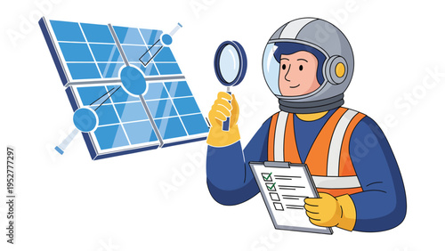 Solar Panel Inspection: An astronaut-like figure, armed with a magnifying glass, meticulously examines a solar panel array.