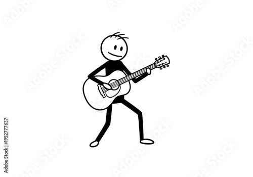 Black and white stick figure playing an acoustic guitar standing