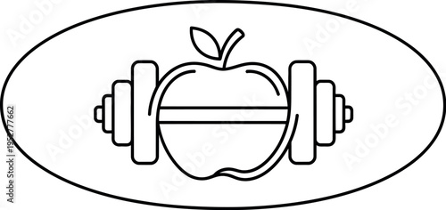Minimalist line art illustration of an apple intersected by a barbell, symbolizing the crucial relationship between proper nutrition and consistent physical exercise for a healthy life.