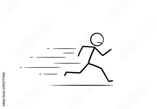 Black stick figure running fast indicated by motion lines against a white background