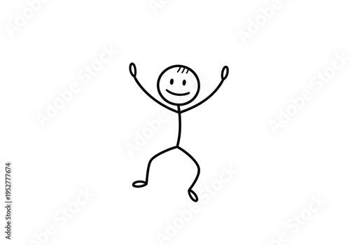 Simple black and white stick figure jumping with arms raised and a smile
