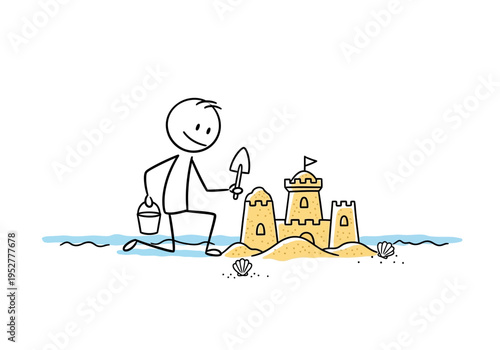 Stick figure building a sandcastle on a beach with water and shells