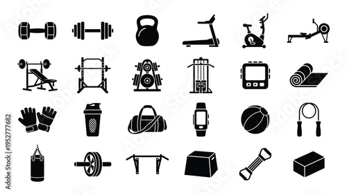 Gym Icons Set with Fitness Equipment and Accessories