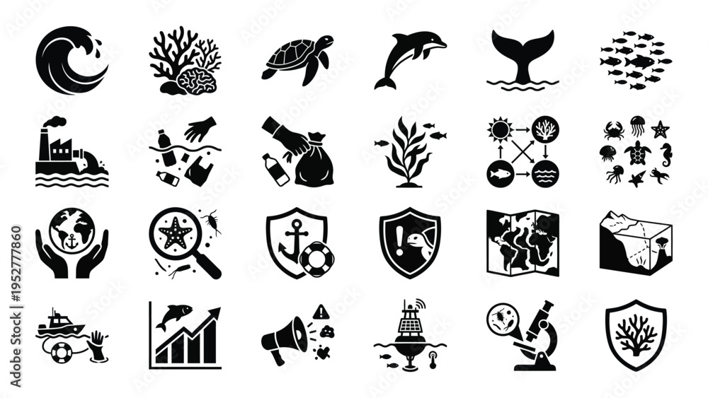 Fototapeta premium Black Icons of Sea Creatures, Eco Friendly and Science on White Background