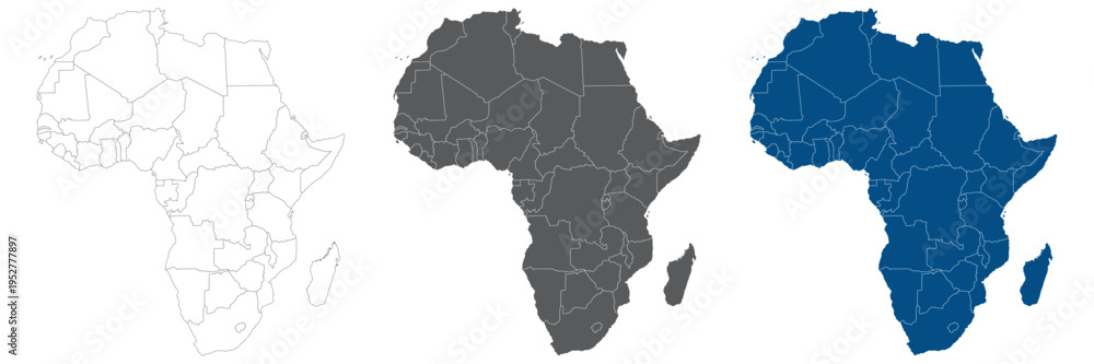 Fototapeta premium Vector Map of Africa Set with White, Grey, and Blue Professional Continent Silhouettes