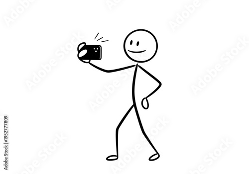 Stick figure taking a selfie with a smartphone one hand on hip