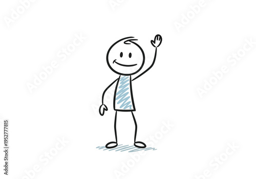 Stick figure waving with a slight smile on a white background