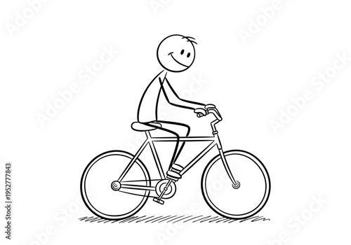 Black and white drawing of a smiling stick figure riding a bicycle