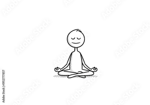 Black and white sketch of a stick figure meditating in a lotus position