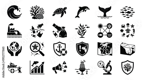 Black Icons of Sea Creatures, Eco Friendly and Science on White Background