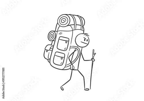 Black and white stick figure hiker with oversized backpack and walking stick