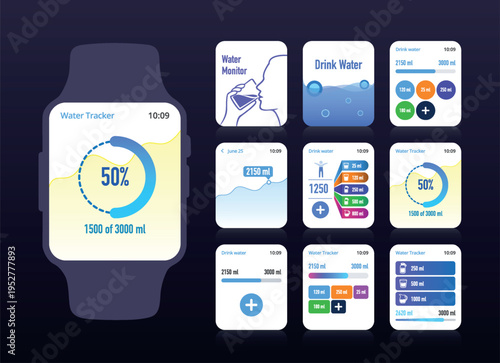Water Intake Goal Tracker Smartwatch App UI Kit No.36