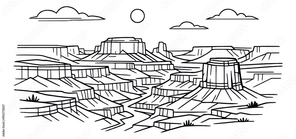 Fototapeta premium Hand drawn line art illustration of grand canyon depicting a vast natural landscape with impressive rock formations and a river for travel and exploration designs