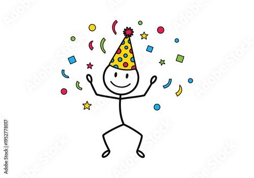 Stick figure in a party hat celebrating with colorful confetti falling around