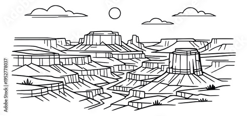 Hand drawn line art illustration of grand canyon depicting a vast natural landscape with impressive rock formations and a river for travel and exploration designs