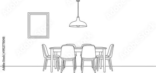 Simple line art illustration of a minimalist dining room interior, featuring a rectangular table, six chairs, an overhead pendant light, and a blank wall picture frame.