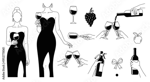 elegant line art women and hands celebrating with wine glasses and bottles perfect for lifestyle beverage or event design concepts.