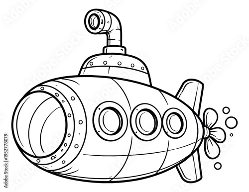 Hand drawn line art illustration of a submarine depicting an underwater adventure for children's content