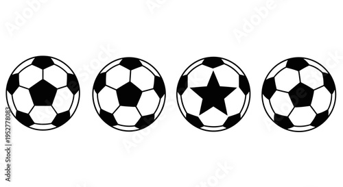four classic soccer balls including a unique star design lined up on a clean white background symbolizing team sports and competition.