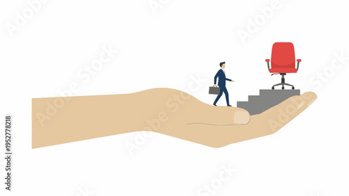 Businessman climbing stairs to red office chair on giant hand