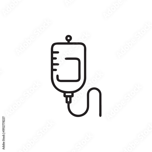 A simple black and white line art icon representing a medical intravenous drip bag and tube set Vector, illustration