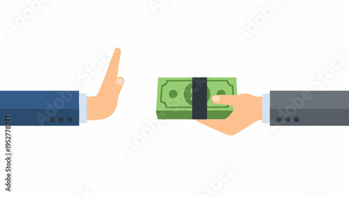 Refusing bribe money hand gesture flat vector illustration