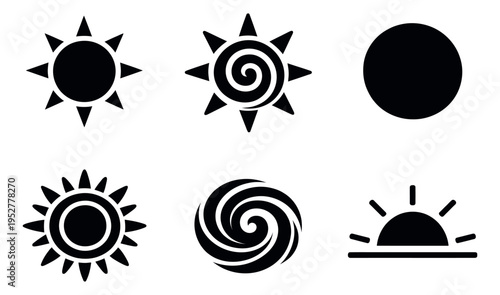Solid glyph weather and celestial icon set featuring stylized suns, a moon, a swirl, and a sunrise for digital design
