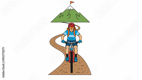 Mountain biker cycling on path towards mountain peak illustration