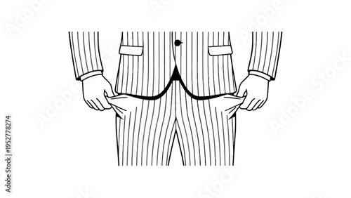 Businessman showing empty pockets line art illustration
