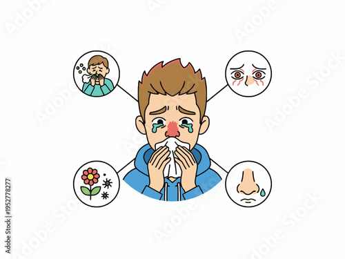 Man suffering from seasonal allergy symptoms and hay fever cartoon