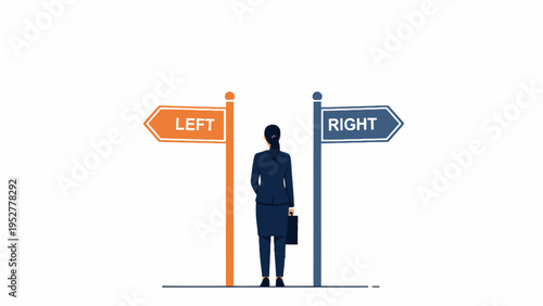 Businesswoman Standing Between Left and Right Directional Signs