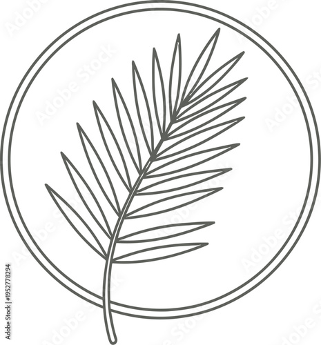 Minimalist line art illustration depicting a single palm frond enclosed within a simple circular emblem against a pale background