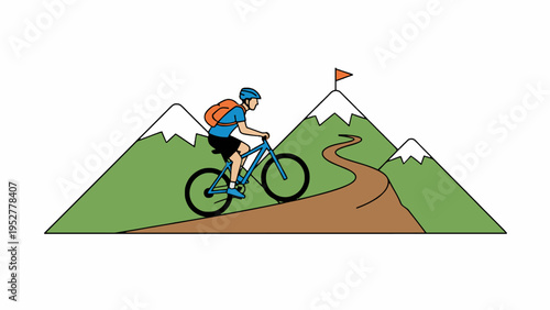 Mountain Biker Cycling Uphill Toward Snowy Mountain Peak Illustration