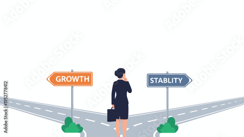 Businesswoman deciding between growth and stability road signs