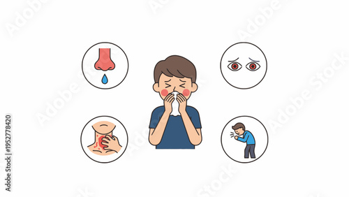 Allergy Symptoms Illustration with Sick Boy and Medical Icons
